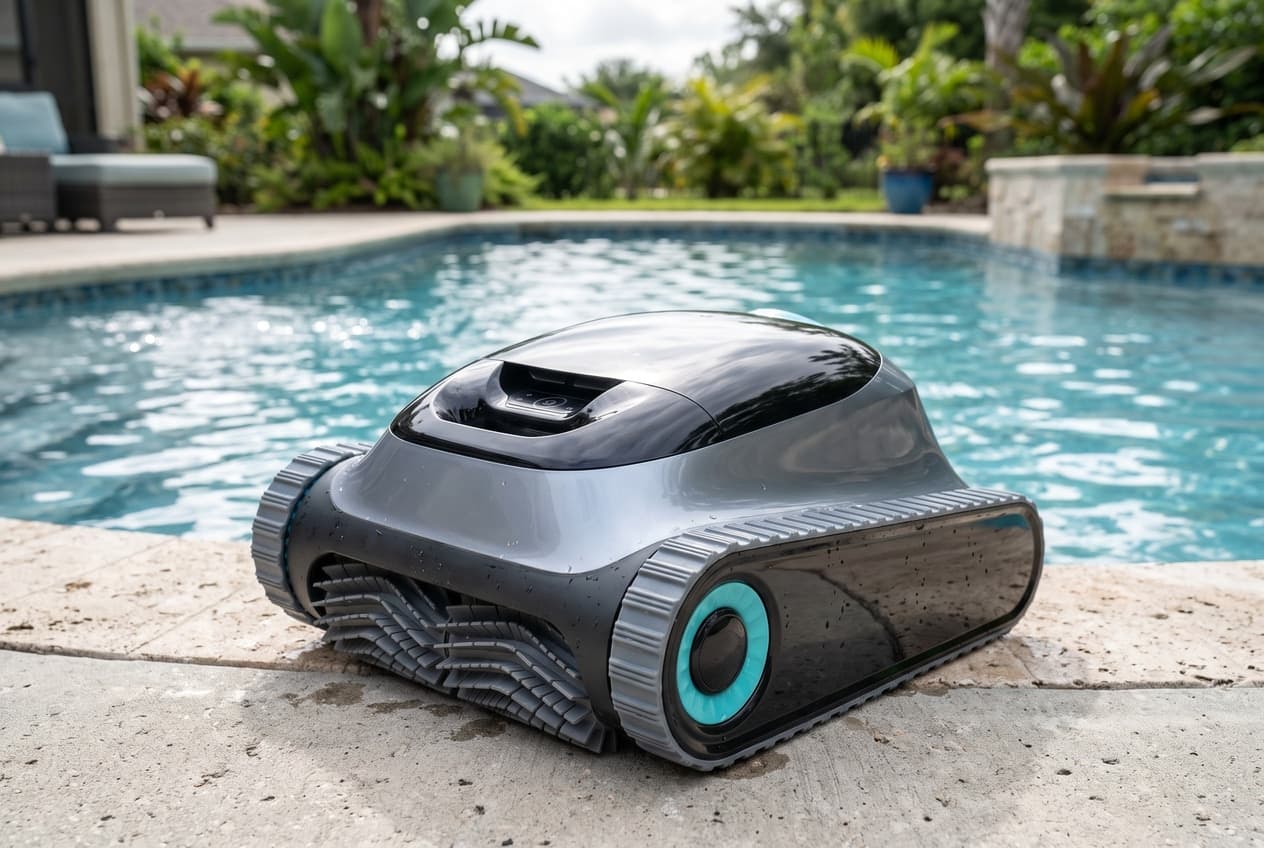 An Aiper Scuba S1 robot on pool coping, a glossy black domed top over a silver-gray body, gray tracks with turquoise wheel rings and spiky gray roller brushes in front