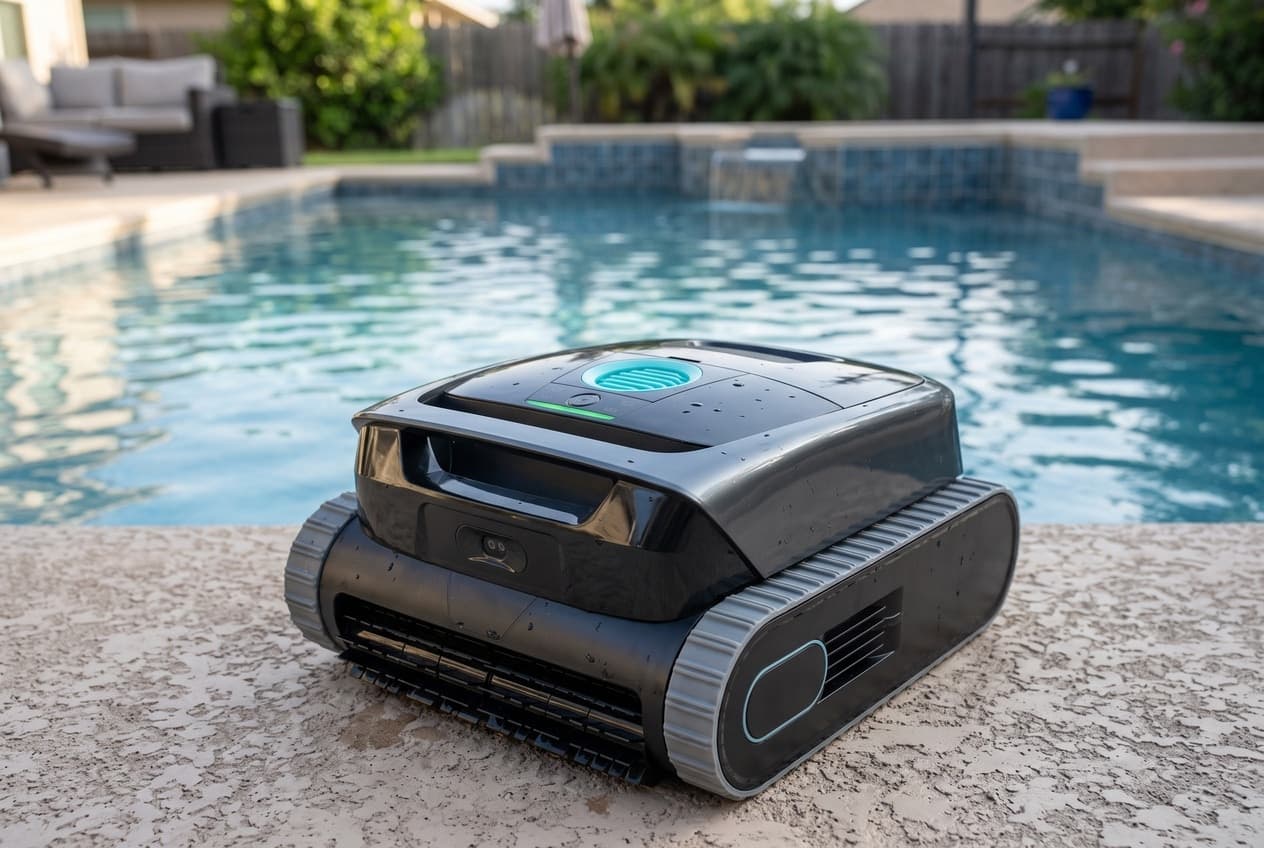 A dark gray Aiper Scuba S3 robot on pool coping, a round turquoise outlet and a green light strip on its black top, a small sensor window on the front and gray tracks