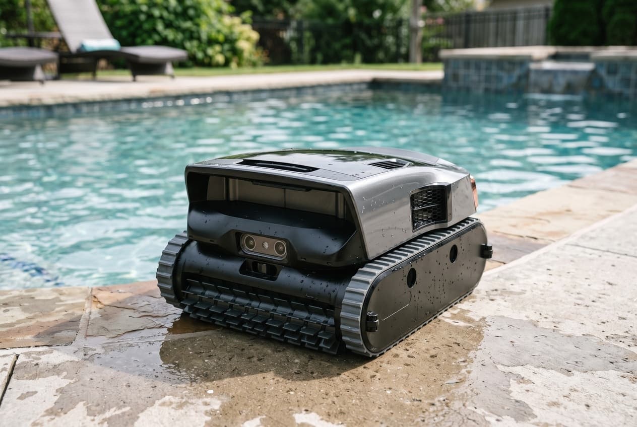 A gray Aiper Scuba V3 Ultra robot on wet pool coping, two small camera lenses under an open hood at the front, a honeycomb side vent, gray tracks and a finned roller