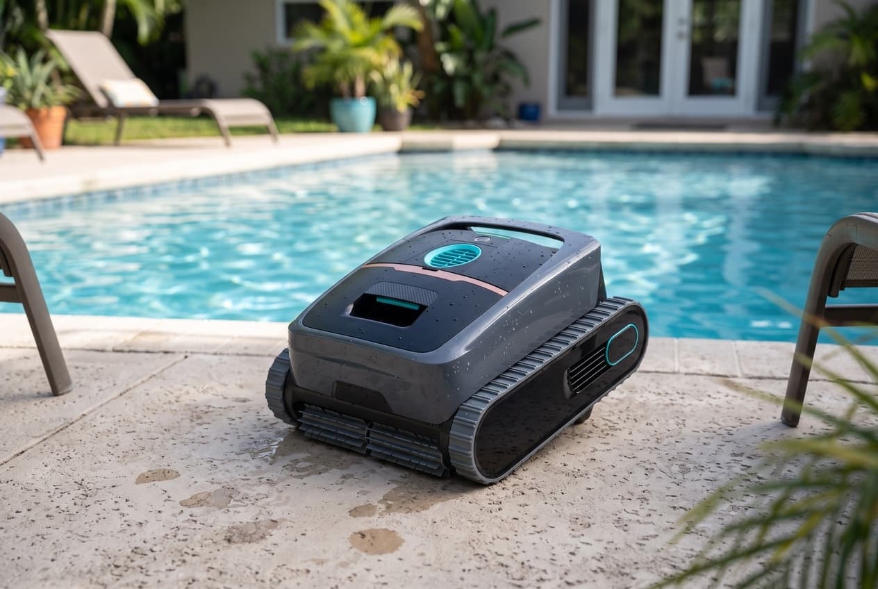 A charcoal Aiper Scuba V3 robot on a pool deck, a round turquoise outlet on its black top, a thin copper line across it, gray tracks and a turquoise oval on the side cover