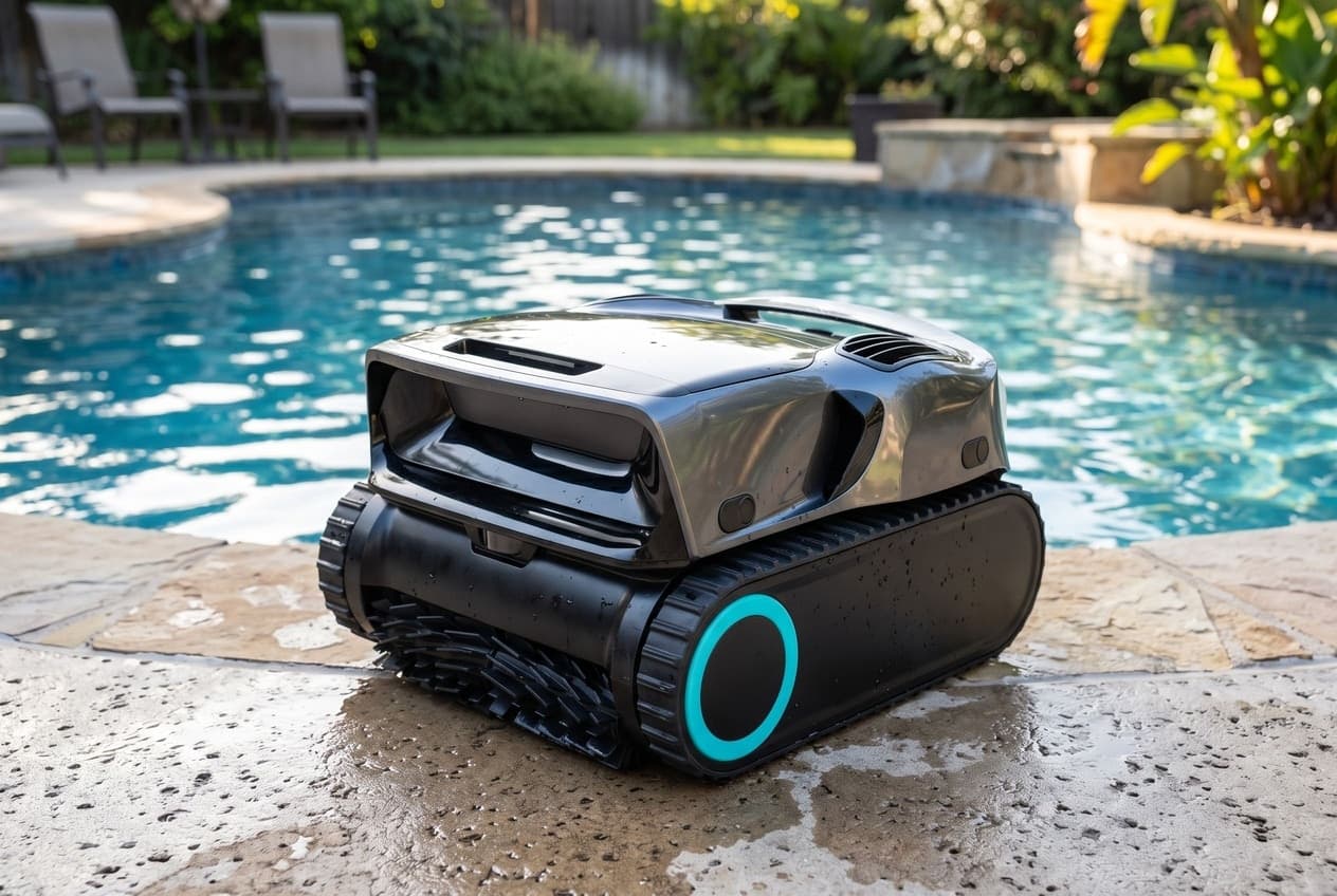 A metallic gray Aiper Scuba X1 Pro Max robot on wet pool coping, a black top with a vent on the side, black tracks with a large turquoise ring and a spiked roller