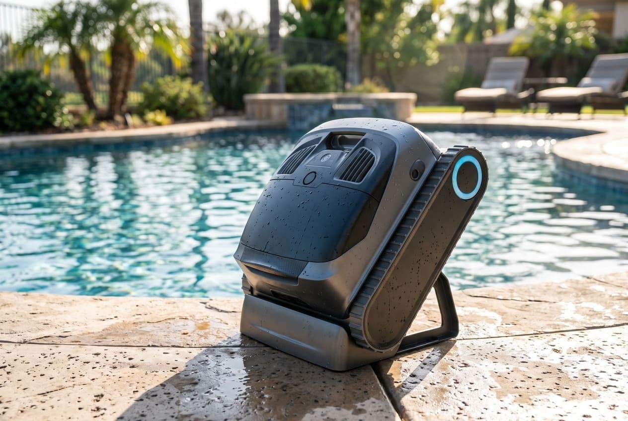 An Aiper Scuba X1 robot standing upright on its charging dock at the edge of a pool, a dark gray body with ribbed vents on top and a turquoise ring on its track cover