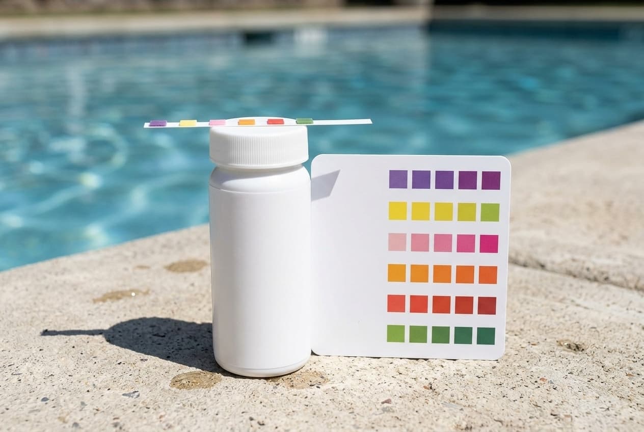 A white bottle of pool test strips on a sunny pool deck with a single strip of six colored pads resting across its cap, beside a white color chart card with six rows of colored squares