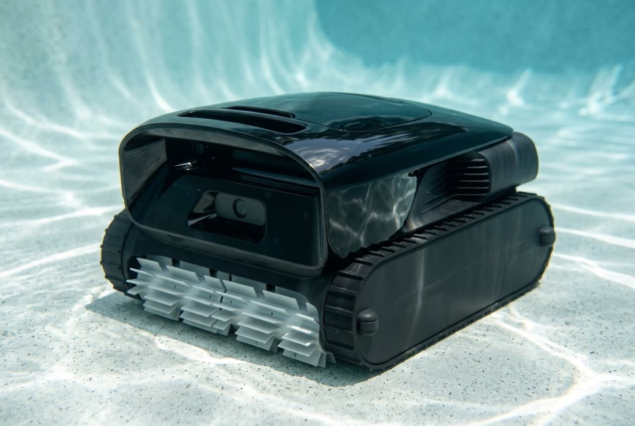 A glossy black cordless robotic pool cleaner on the floor of a pool, a rounded body with a curved front face and a small window low on the front, black tracks along its sides and pale bladed brushes across the front