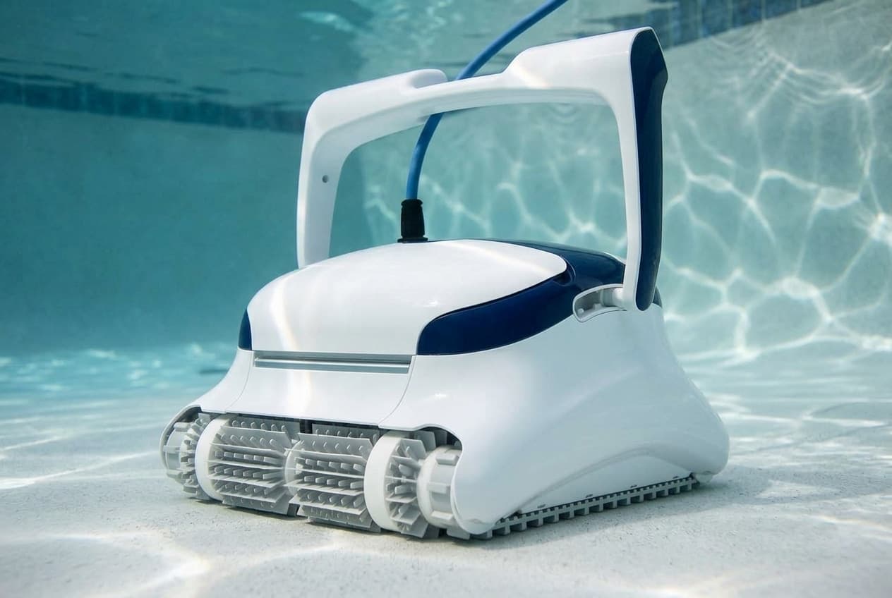 A white Dolphin Sigma robotic cleaner on the floor of a pool, a navy band sweeping along its side, pale gray bladed brush rollers across the front, and a tall arched white handle over a blue cable rising from the top