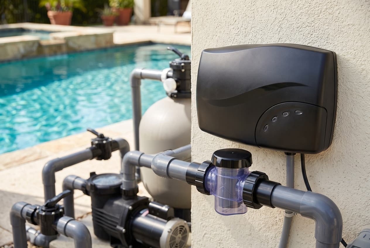 A dark charcoal salt chlorinator control box on a stucco wall, four small lights on its face, above a clear cell vessel in gray pipe, with a sand filter and pump by a pool