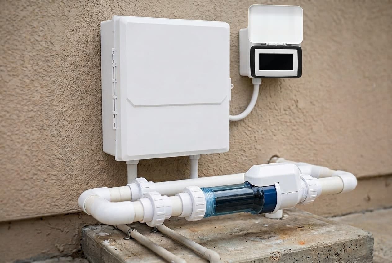 A plain off-white control enclosure with its door closed on a tan stucco wall, a small controller beside it with its lid flipped up over a dark screen, and a salt cell with a clear blue-tinted body and a white housing plumbed into white PVC above a concrete pad