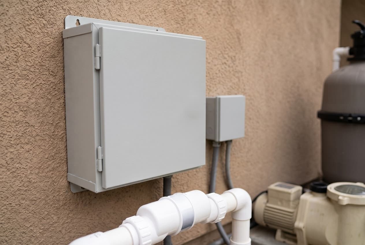A light gray steel salt chlorinator control box on a stucco wall with its door closed, a white inline salt cell in the PVC pipe below it, and a pump and sand filter beside it