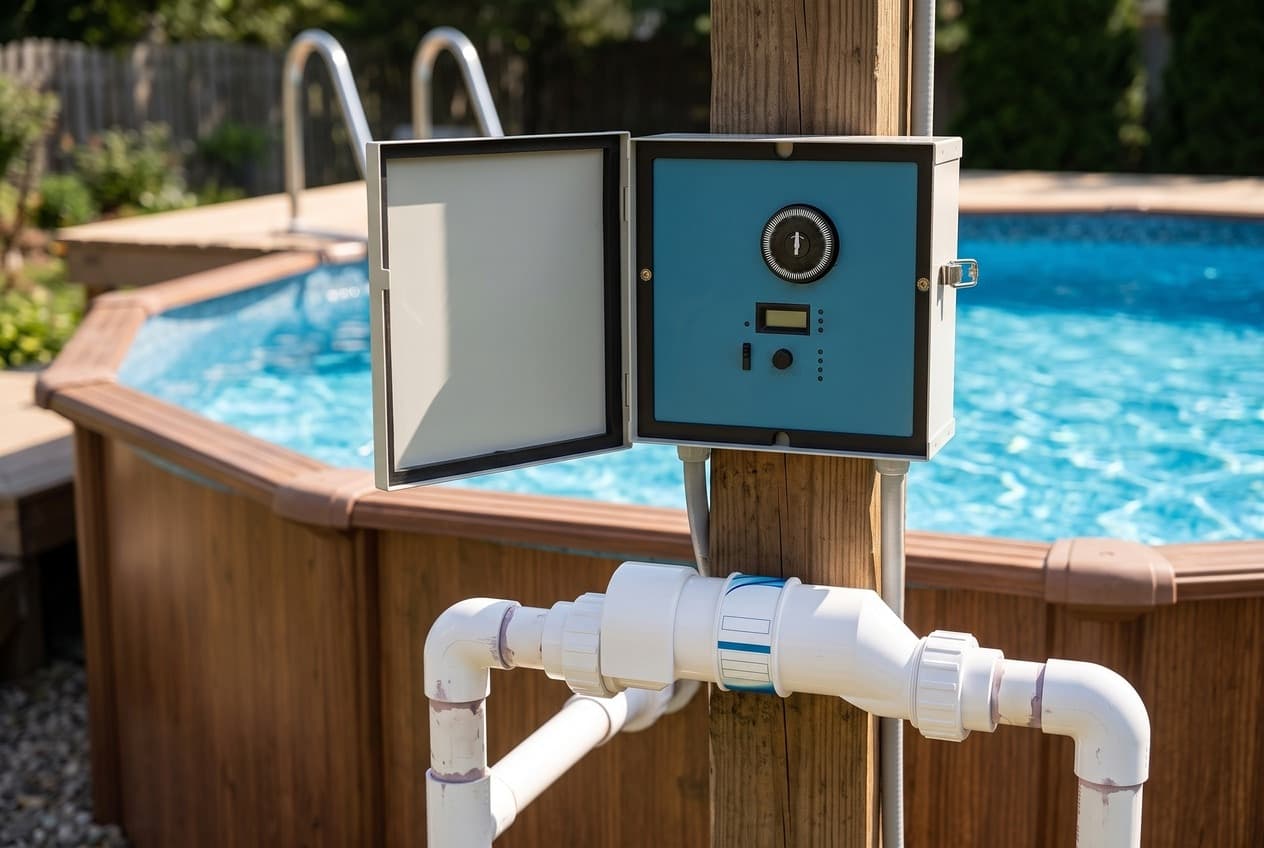 A salt system control box on a wooden post by an above-ground pool, its door open on a timer dial, a small display, a knob and indicator lights, a salt cell in white pipe below