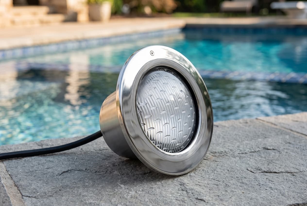 A round pool light resting on gray stone coping beside a pool, a plain polished stainless face rim with one screw at the top around a glass lens with rows of raised bubble facets