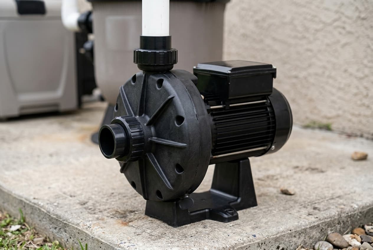 A small black booster pump on a concrete equipment pad, a round ribbed volute at the front with a union on its front port and another on its top port holding a white PVC pipe, a finned black motor with a wiring box on top, on a tall black base, with a pool heater and filter tank behind it