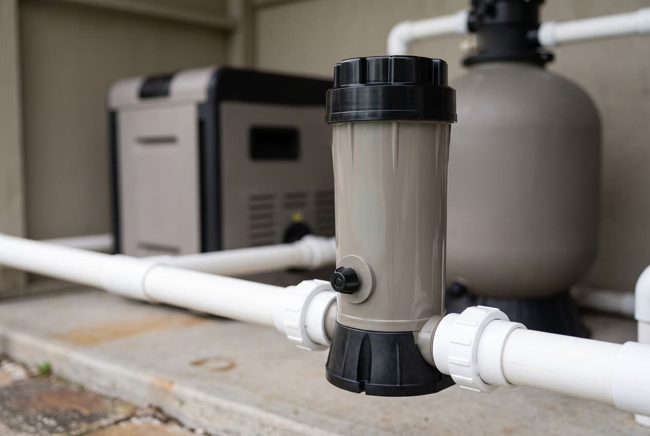 A taupe inline tablet chlorinator with a black ribbed cap and black base, plumbed into white PVC with a union on each side, a pool heater and sand filter out of focus behind
