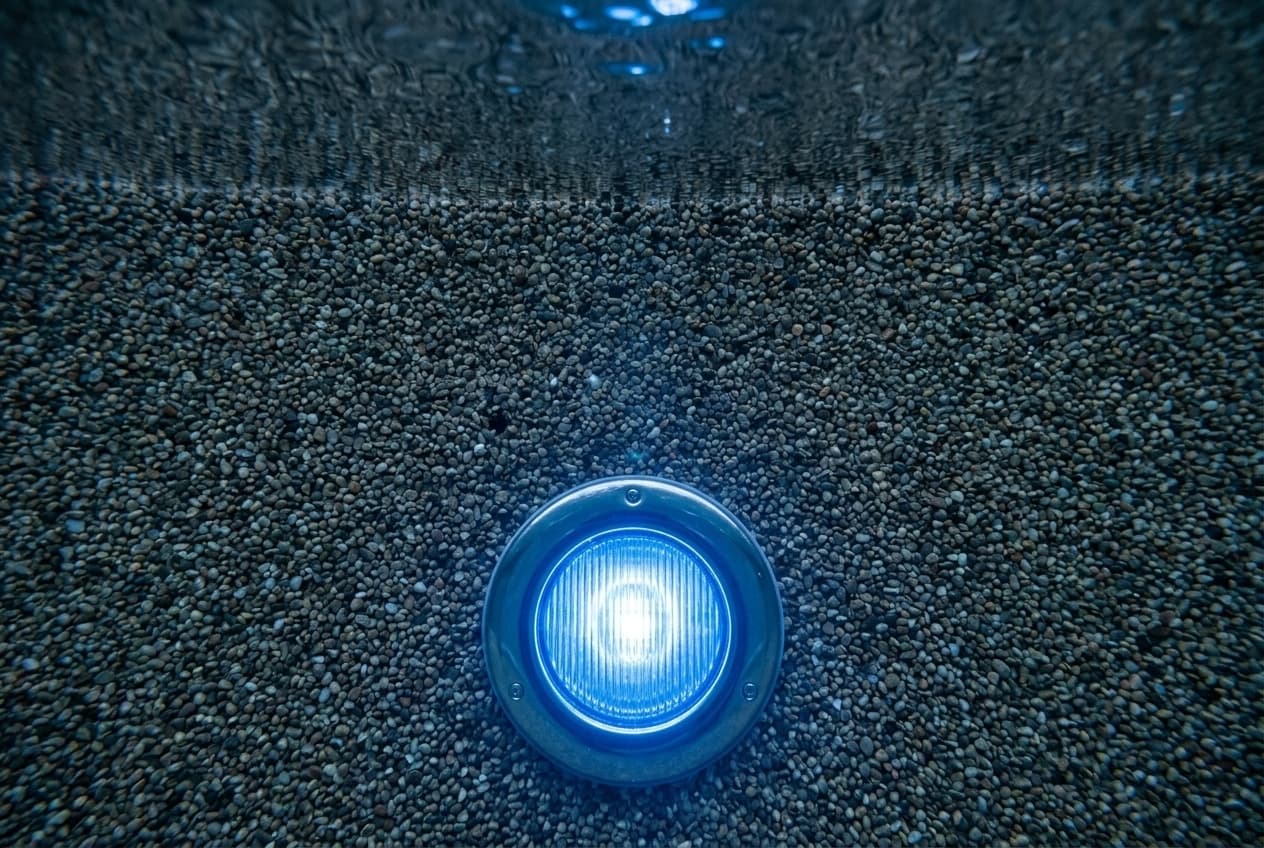 A round pool light with a stainless steel faceplate glowing blue low in the pebble-finish wall of a pool, photographed underwater, with the wall rising above it to the rippled underside of the water surface