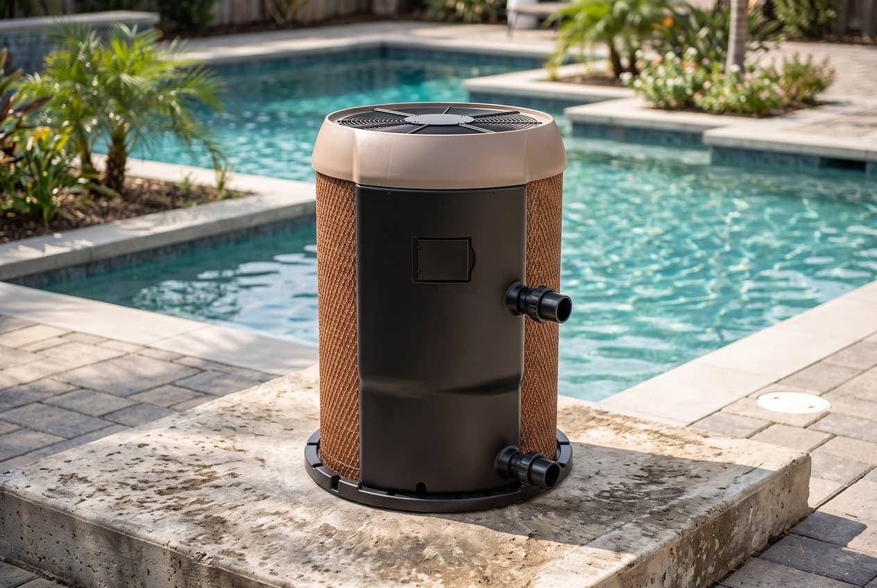 A round pool heat pump on a concrete pad beside a pool: a taupe domed top with a fan grille, a gold-bronze coil behind diamond mesh, and a charcoal front with two water connections