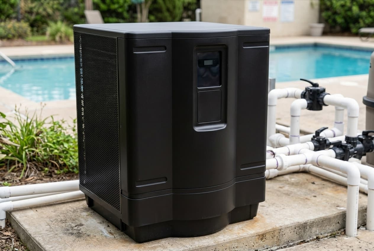 An all-black square pool heat pump on a concrete pad beside a pool, its curved front carrying a tall raised control panel with a dark display, black mesh guards over the coil on its side, and white PVC plumbing with valves beside it