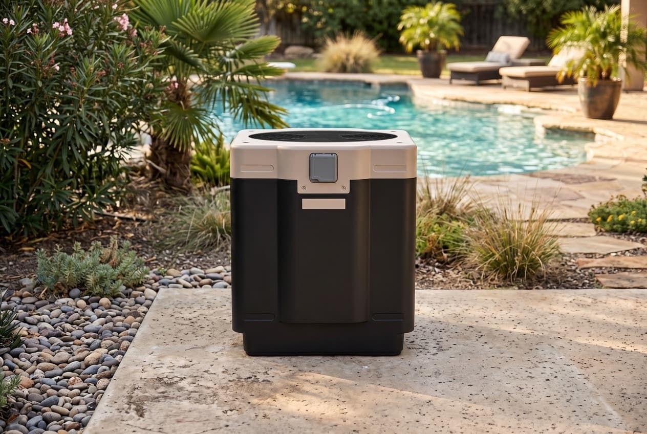 A square pool heat pump on a patio slab with a pool behind it: a black cabinet under a taupe top band, a small gray display door, and a round black fan grille on its flat top