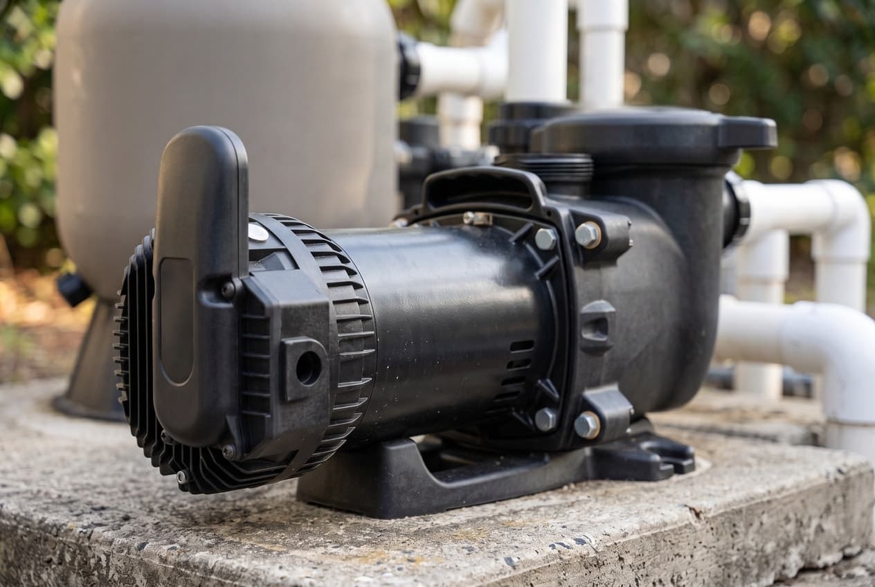An all-black variable-speed pool pump on a concrete equipment pad, a black strainer housing with a black lid, a black motor with a ribbed end cap, and a tall rounded black control module standing upright on the back of the motor, with a filter tank and white PVC pipes behind it