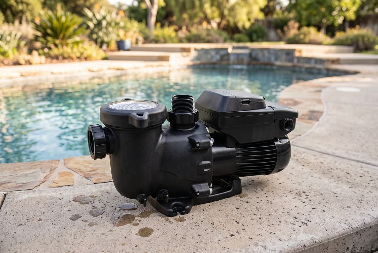 A black variable-speed pool pump on a stone deck beside an in-ground pool: a round strainer with a clear lid and lock ring, a finned motor and a closed drive box on top
