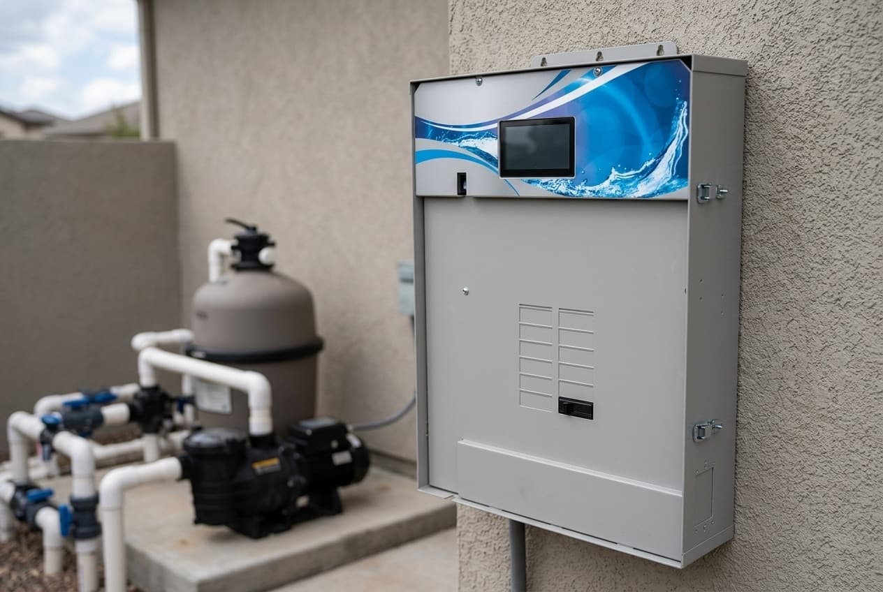 A gray pool automation enclosure mounted on a stucco wall beside a pump and filter, its door closed, a blue abstract water graphic banded across the upper panel with a small dark touchscreen set into it and two latches down the side