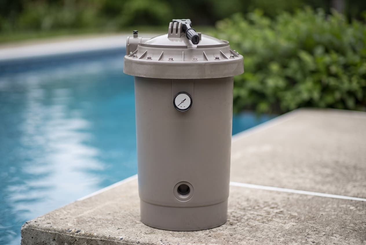 A gray D.E. pool filter tank on concrete coping beside a pool, a domed head bolted on top with the bump handle raised, a pressure gauge on the front and a port near its base