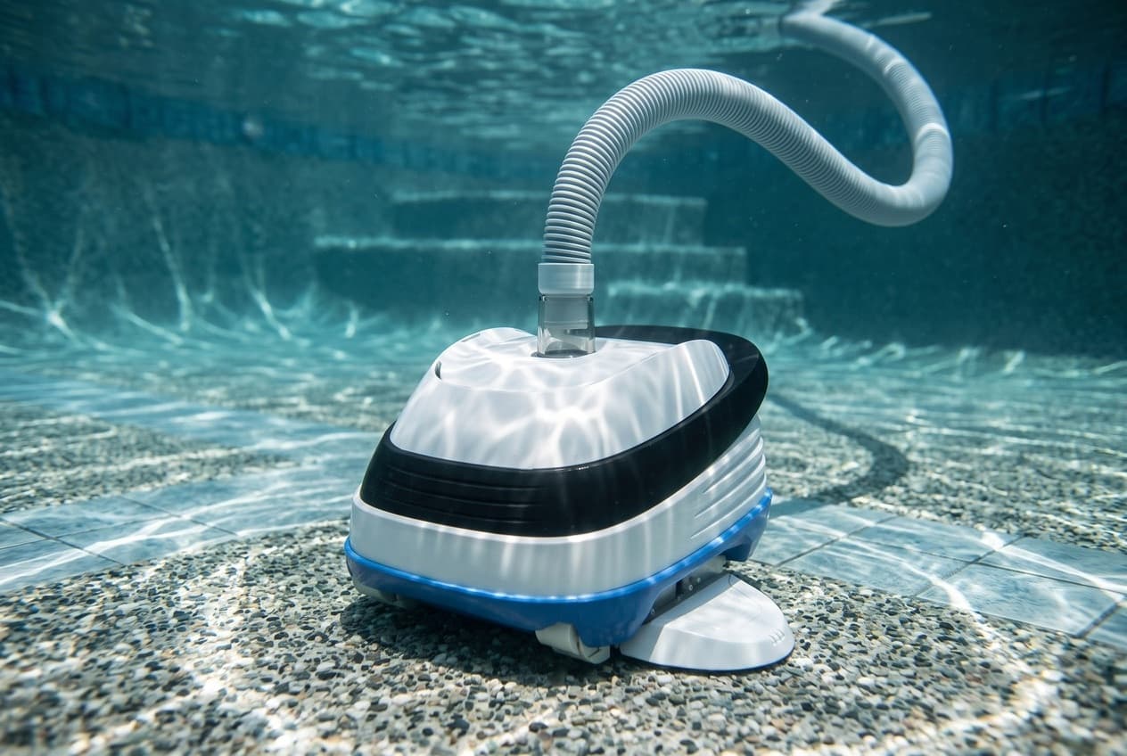 A suction pool cleaner underwater on a pebble pool floor: a pearl-white shell, a black handle and front band, a blue base, a white side wing and a gray hose rising from its top