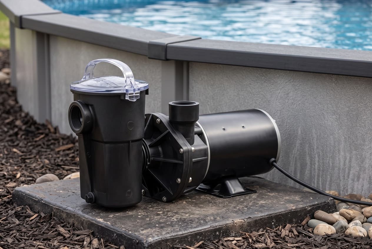 A black above-ground pool pump on a stone pad beside a steel-walled pool: a clear strainer cover with a handle, a discharge port pointing up and a black motor on a small foot