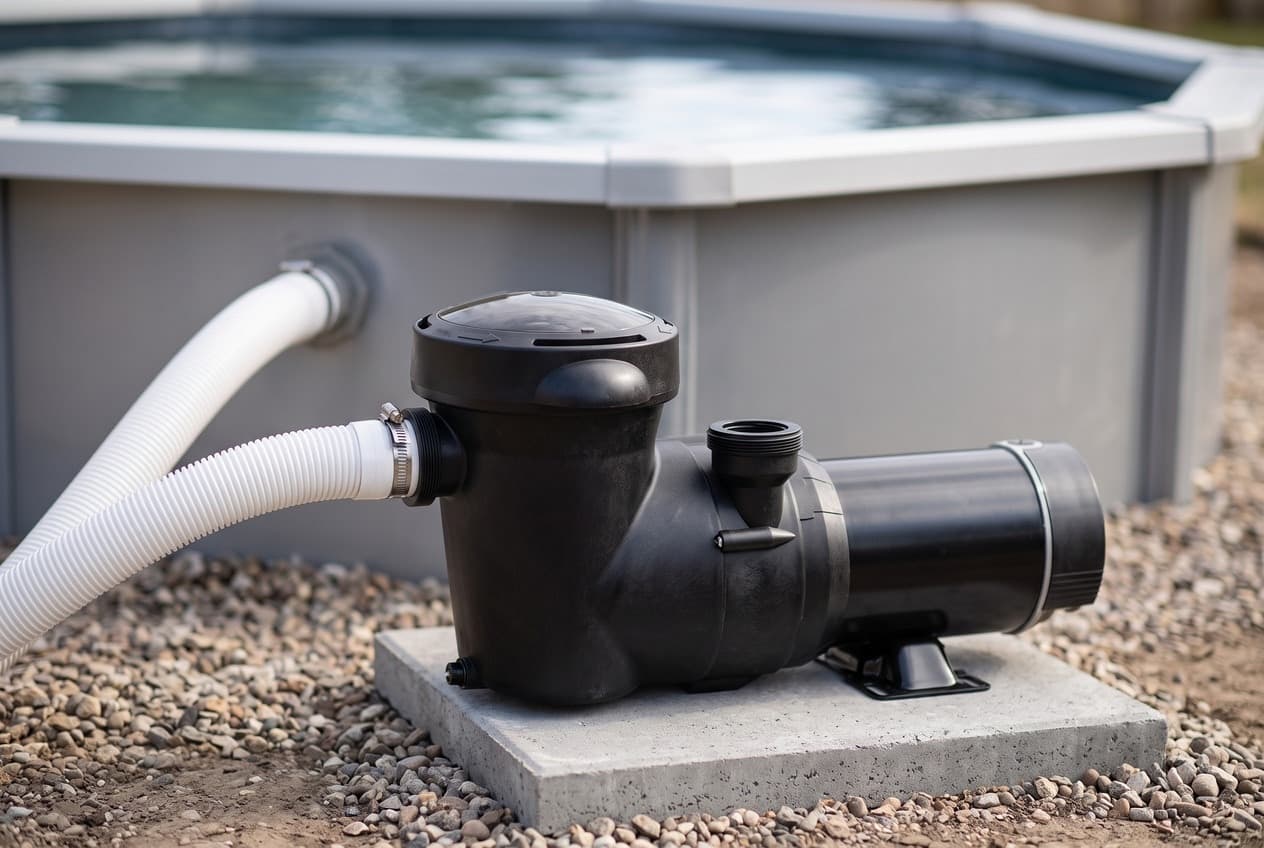 A black above-ground pool pump on a concrete pad beside a steel-walled pool: a dark smoked strainer lid, a white hose clamped to its inlet, an upward discharge and a black motor