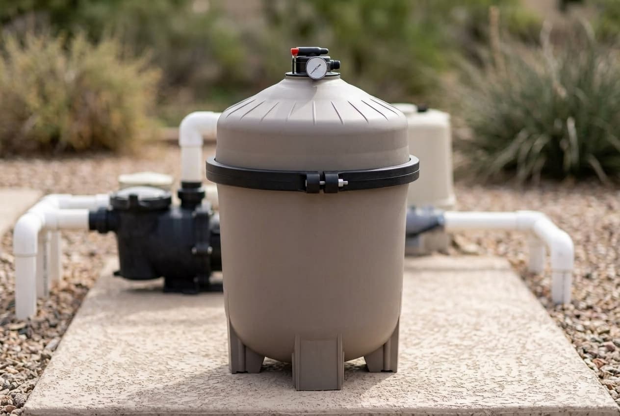 A gray-taupe D.E. pool filter tank on a concrete pad in a gravel yard, a black clamp band around its middle and an air relief valve with a pressure gauge on top, with a black pool pump and white PVC pipes behind it