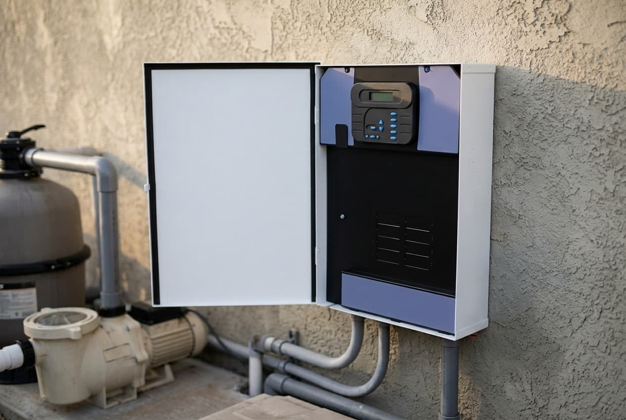 A white pool automation enclosure mounted on a stucco wall beside a pump and filter, its door swung open to show a dark inner panel carrying a small blank display and a keypad of blue buttons at the top, a cover over the section below, and conduit curving out of the base toward the equipment
