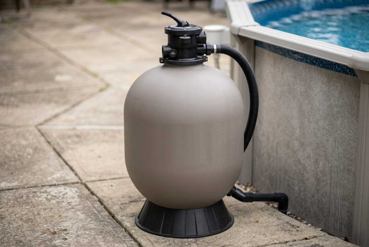 A gray top-mount sand filter tank on a black ribbed base on concrete patio slabs, a black multiport valve with a lever handle on top and a black corrugated hose running from the valve to the wall of an above-ground pool