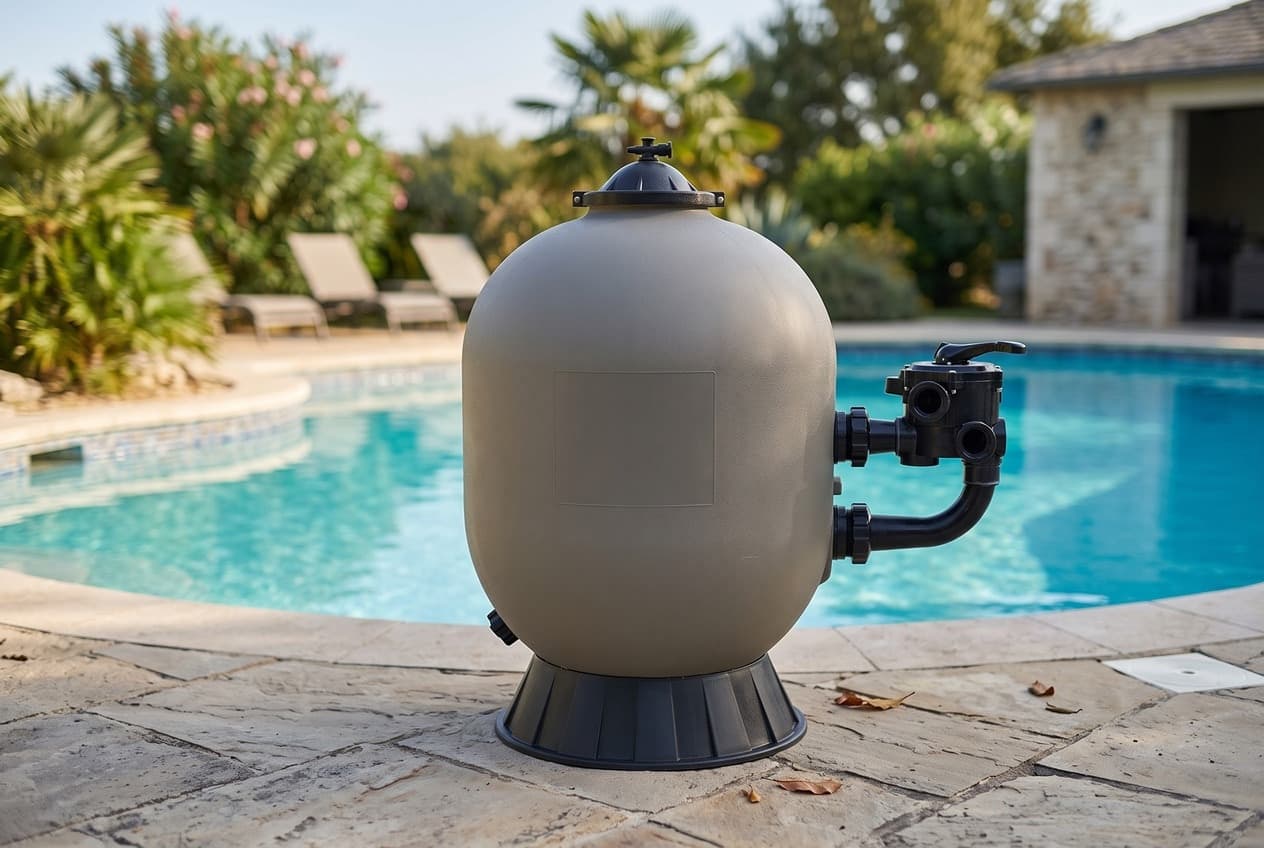A taupe sand filter tank on a black ribbed base beside a pool, a black domed lid with an air relief fitting on top, and a multiport valve joined to its side at two ports