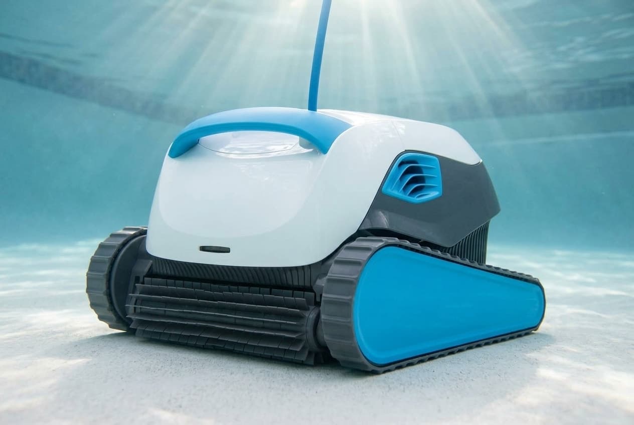 A robotic pool cleaner on the floor of a pool, a rounded white body over dark gray sides with a curved light blue handle across the top, a light blue vent on its side, light blue panels over gray rubber tracks, a dark gray bladed brush roller at the front and a blue cable rising from the top