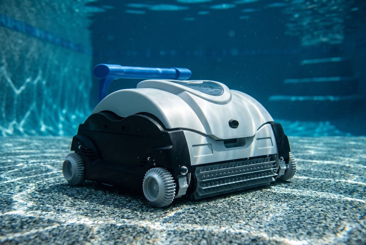 A robotic pool cleaner underwater on a pebble pool floor: a pearl-gray dome with a smoked window, black side panels, a blue handle bar, a gray roller brush and toothed gray wheels