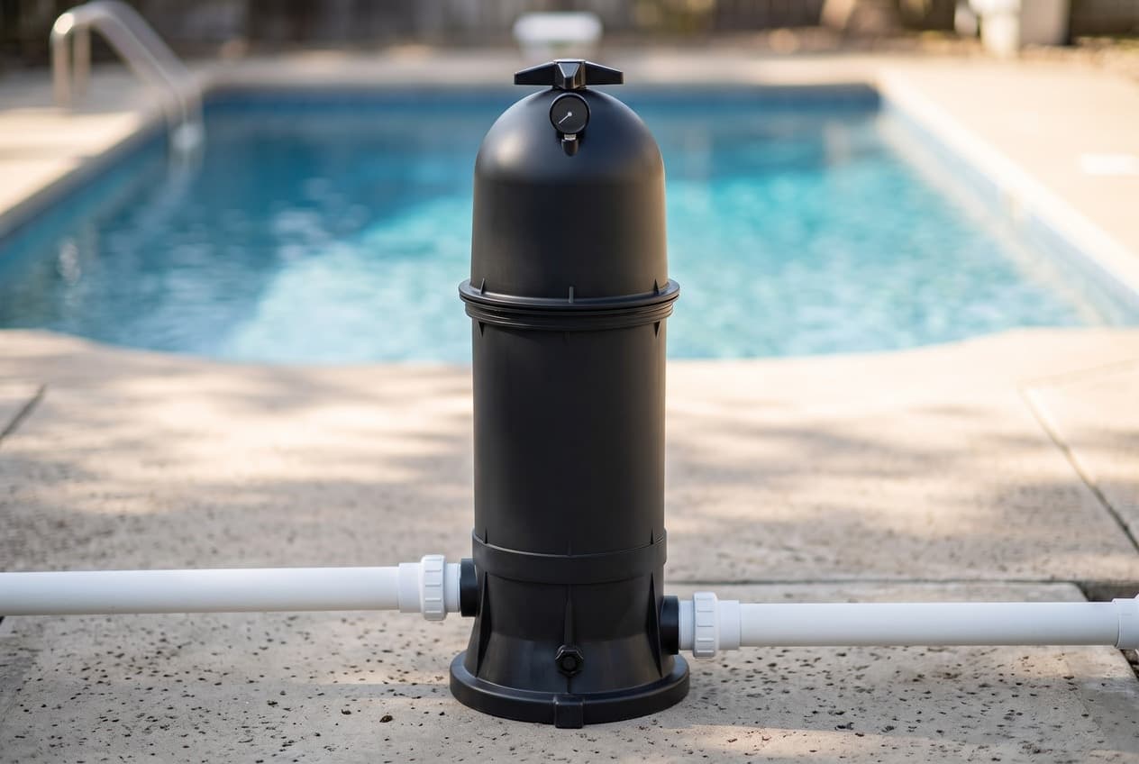 A tall matte black cartridge filter on a concrete pool deck, a domed top with a two-winged knob and a small gauge, a ringed joint below it and white pipe at both sides of its base
