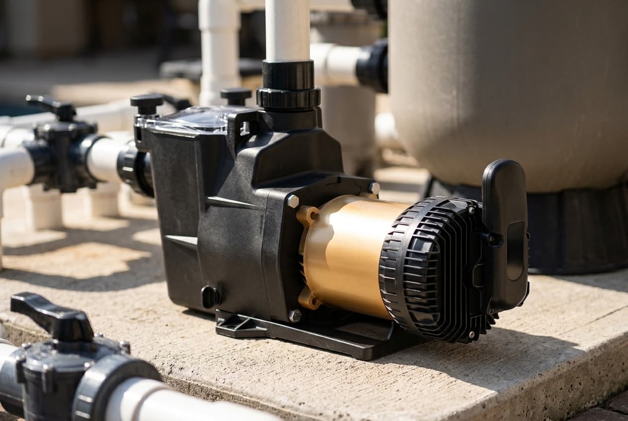 A variable-speed pool pump on a concrete equipment pad, a black strainer housing with a clear-topped lid and two hand knobs, a gold-colored motor with a black ribbed end cap, and a tall black control module standing upright on the back of the motor, with PVC pipes, valves and a filter tank around it