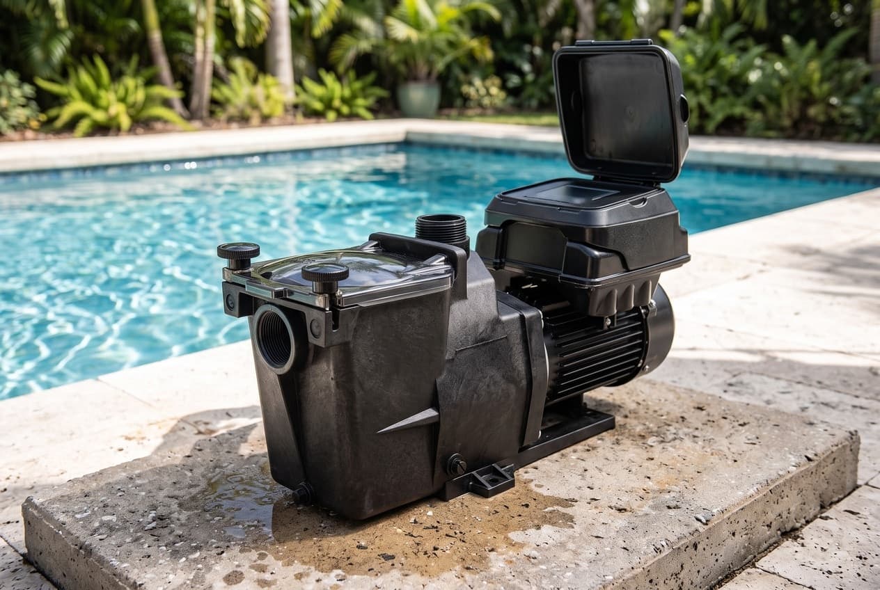 A black variable-speed pool pump on a concrete pad beside an in-ground pool: a clear strainer lid with two round knobs, a finned motor and a drive box with its lid open