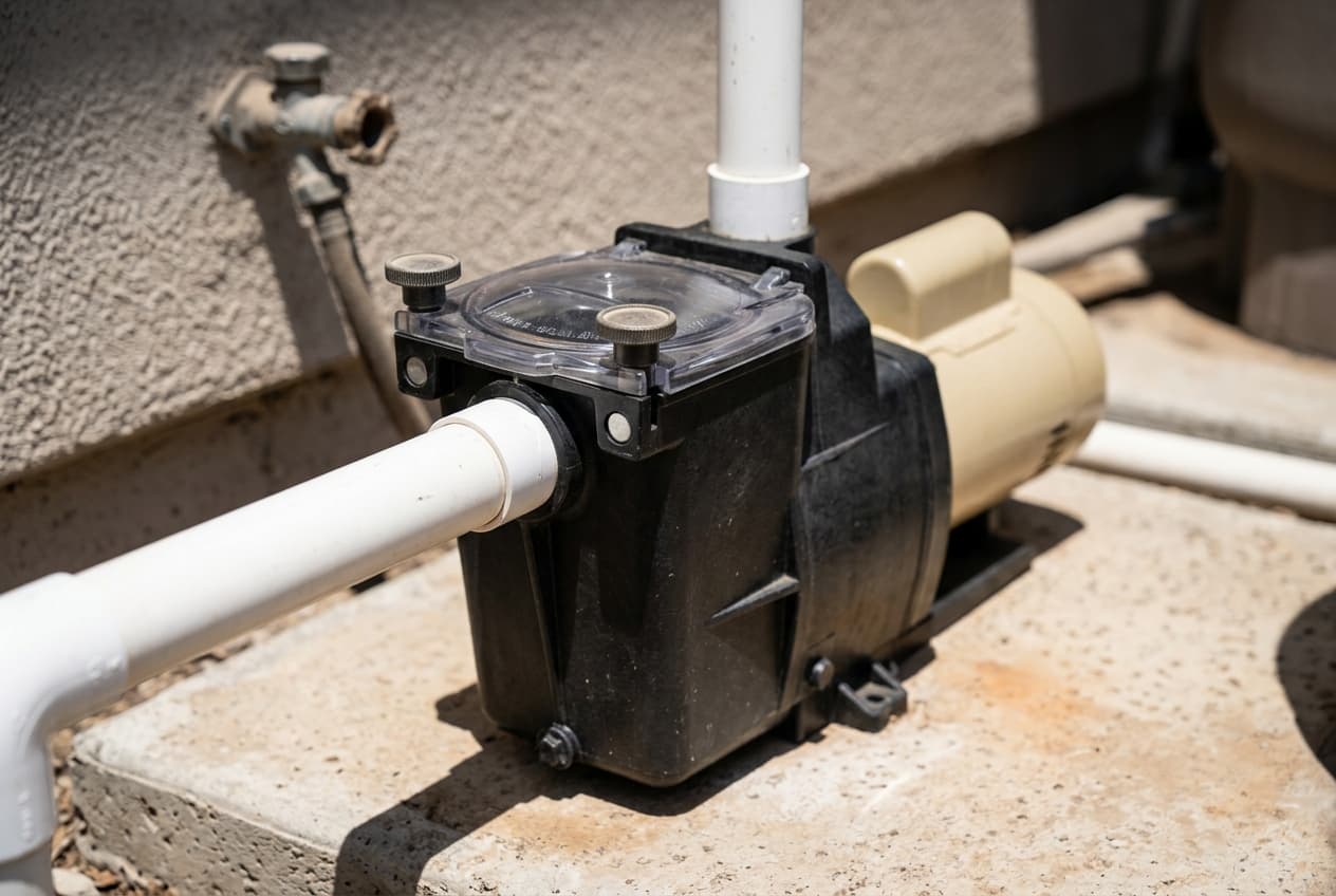 A Hayward-style single-speed pool pump on a concrete equipment pad, plumbed with two-inch white PVC, a stucco wall behind it in hard midday sun