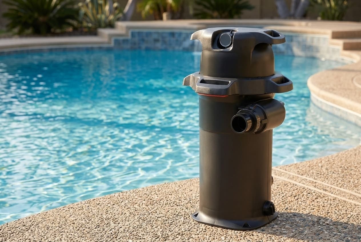 A tall slim black cartridge filter on an exposed-aggregate pool deck, a flared top with two wide grip handles and a small round gauge, a black lock ring with grip handles, a black union connection on its side just below the ring, a drain plug near the bottom and a flared base