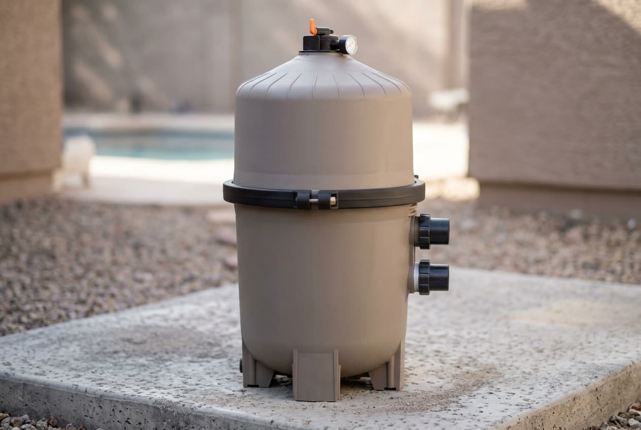 A taupe cartridge pool filter tank on a concrete equipment pad in a gravel yard, a dark clamp band joining the two halves around the middle, a pressure gauge and orange-levered air relief valve on the domed lid, and two union ports low on the side with a pool behind