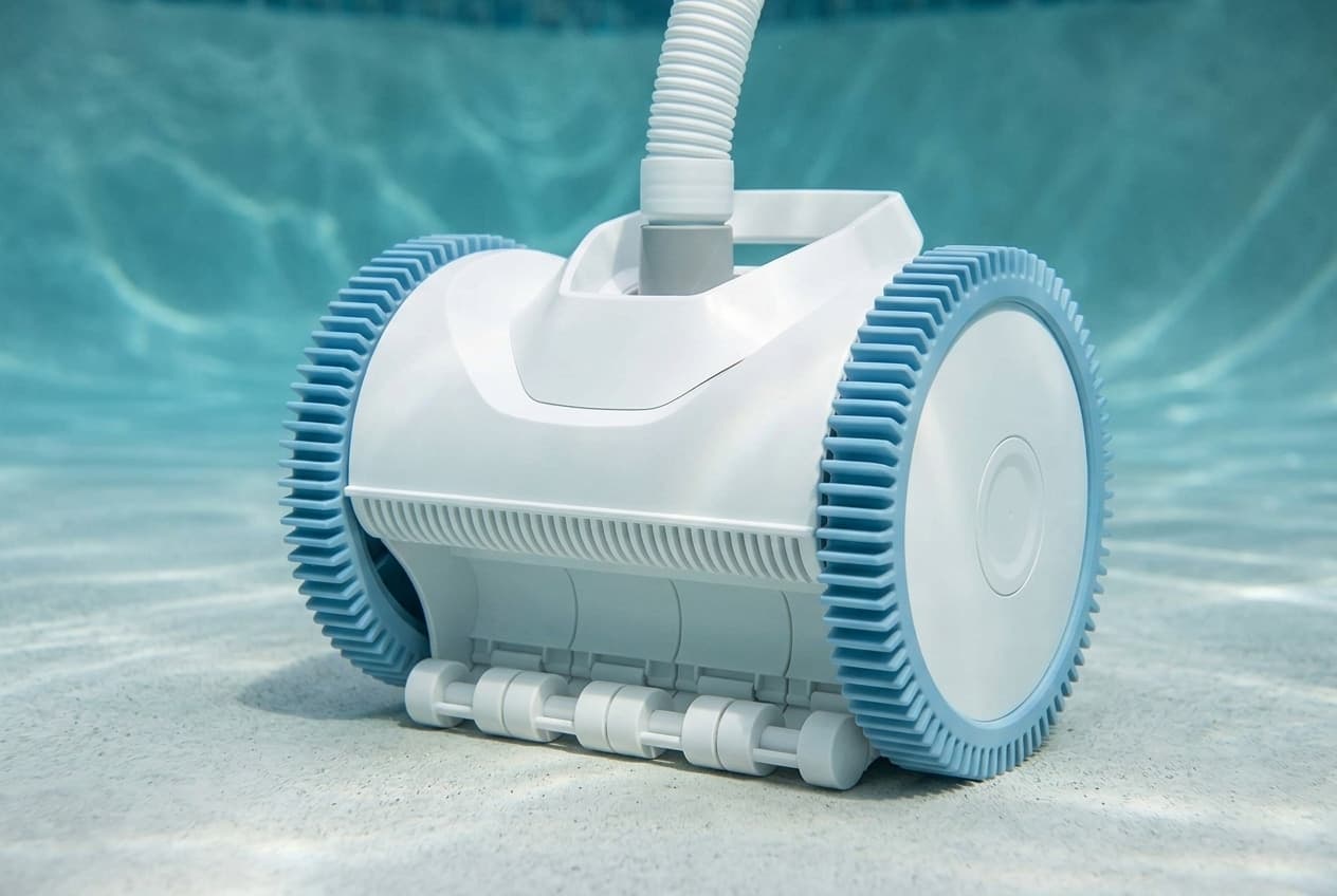 A white two-wheel suction pool cleaner on a pool floor, light-blue toothed tires on either side of its rounded body, a row of small white rollers across the front, and a white ribbed hose rising from the top