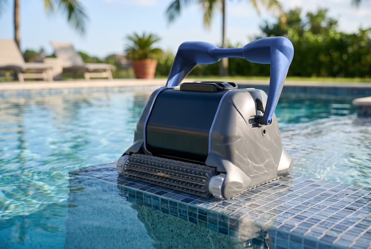 A robotic pool cleaner on a tiled ledge in shallow water, a gray body with a black top panel edged in blue, a blue handle arching over it and a gray roller brush at the front
