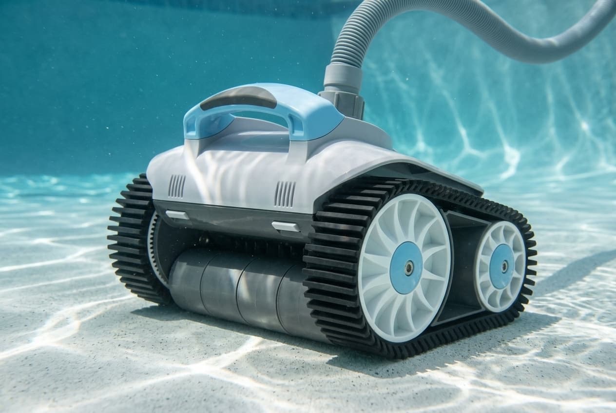 A tracked suction pool cleaner on a pool floor, a white and light-gray body with a light-blue handle, black treaded tracks around white spoked wheels with blue centers, a gray roller at the front and a gray hose rising from the top