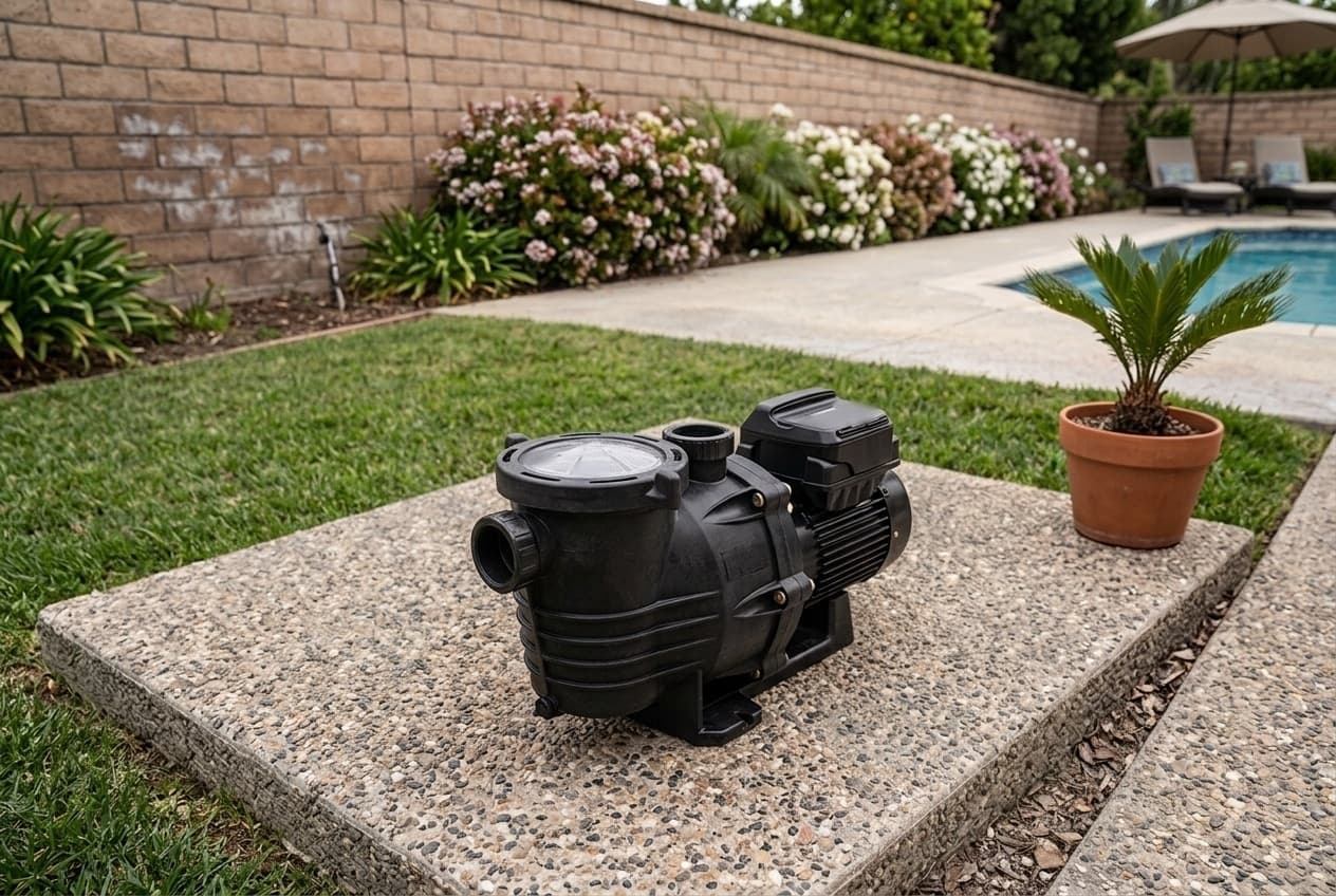A black pool pump sitting on an exposed-aggregate concrete pad on a backyard lawn, with a round strainer lid, ribbed strainer housing, finned motor and a black control housing on top, and a pool, flower beds and a block wall behind it