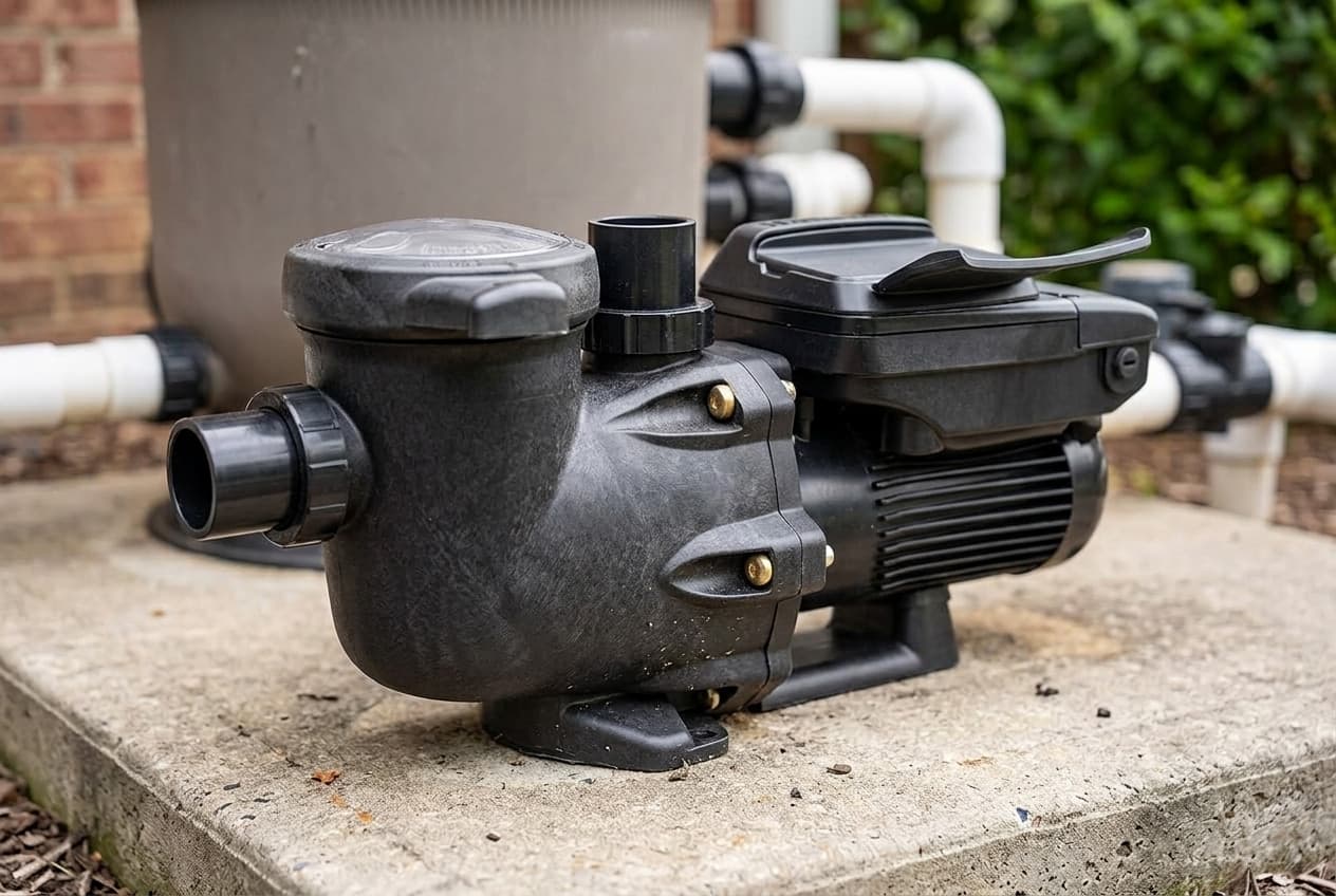 A black variable-speed pool pump on a concrete equipment pad, a round strainer lid at the front with the suction union beside it, the discharge port on top, and the drive unit sitting above the finned motor under a hinged cover