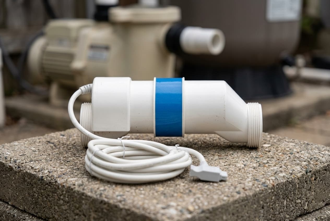 A white inline salt chlorinator cell resting on a concrete equipment pad, a blue band around the middle of its body, a coarse thread at each end for the union nuts, and its white cable coiled beside it ending in a flat connector