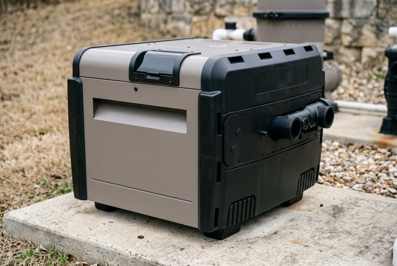 A low wide pool heater on a concrete pad beside dry grass, taupe side panels with a long recessed slot, a black molded end with two black threaded water connections, and a flip-up black cover on top, with a filter and pumps blurred behind it