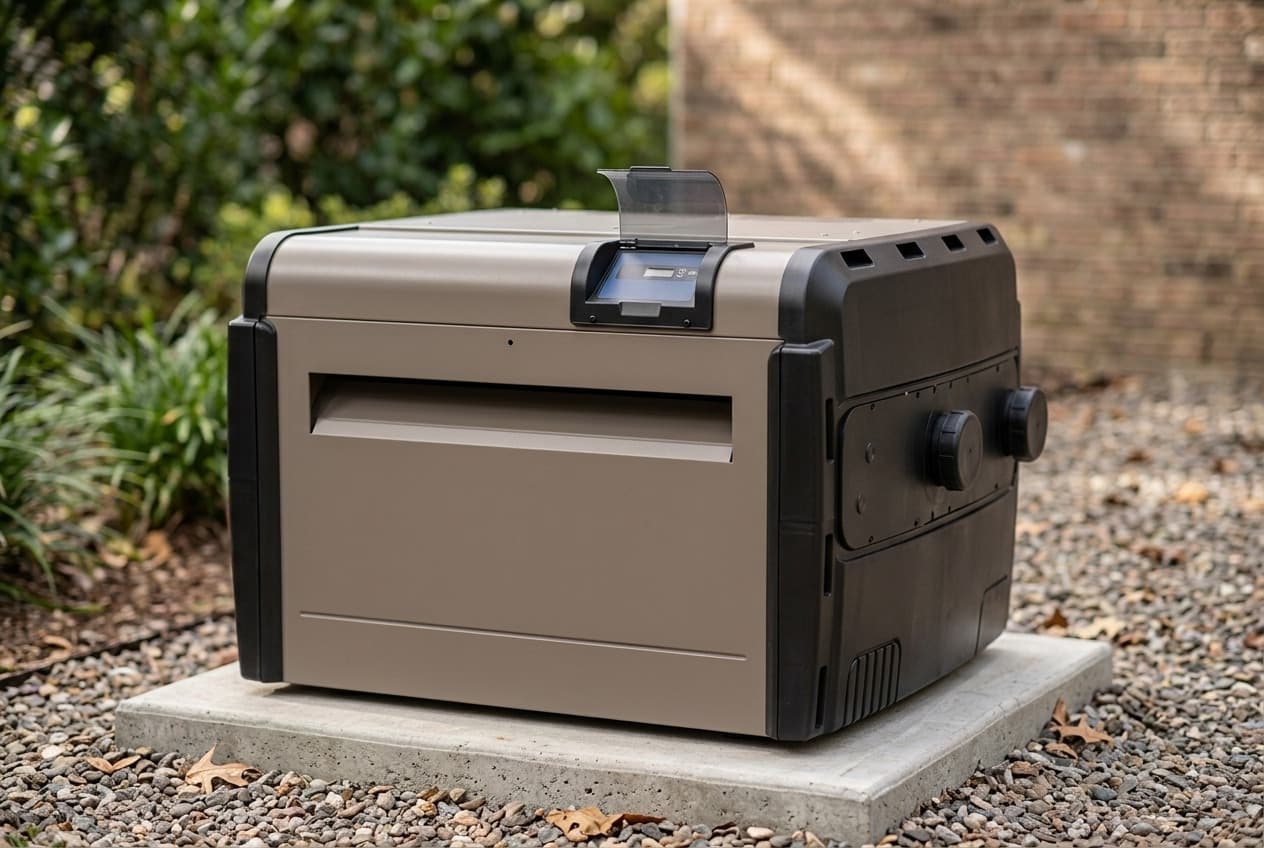A low wide gas pool heater on a concrete pad in a gravel bed, its tan panels framed by black corner posts, a hinged clear flap on top over a small control display, and two black union connections on the side