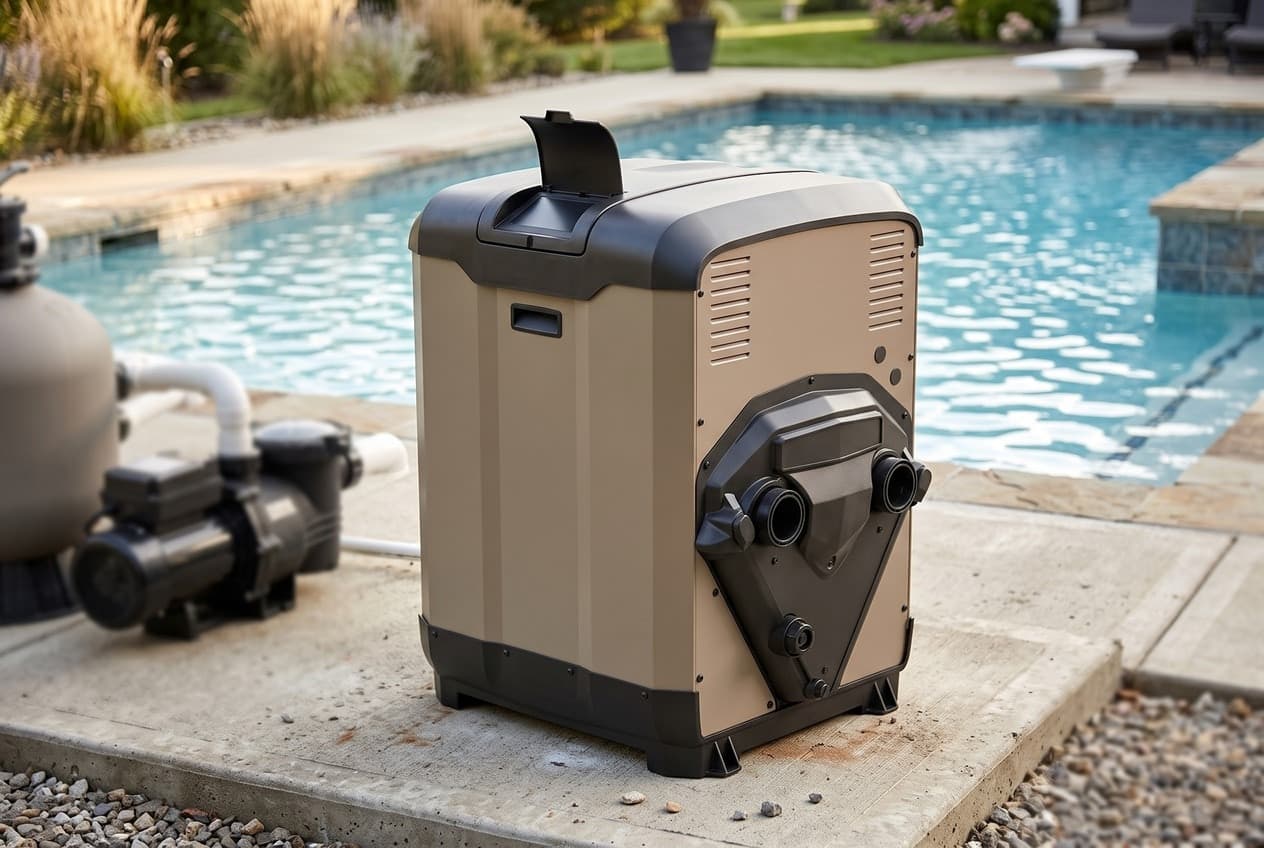 A compact gas pool heater on a concrete pad beside an in-ground pool: a taupe cabinet with a dark top and base, side louvers and a black triangular water header