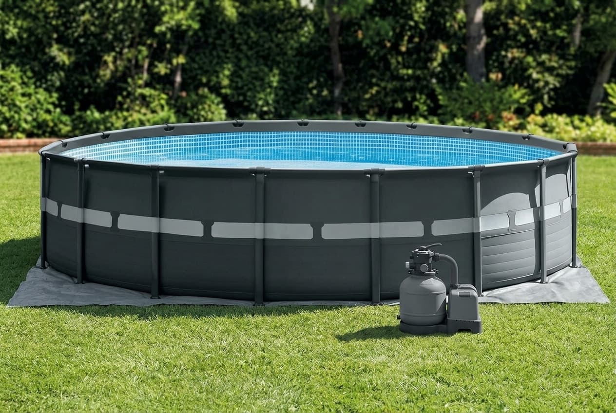 A large round frame pool on a backyard lawn, its dark graphite wall circled by a pale gray band and dark gray steel legs, blue tile-print water inside, on a gray ground cloth with a gray sand filter pump beside it