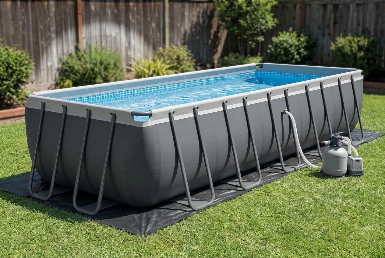 A long rectangular frame pool on a backyard lawn, its graphite wall braced by a row of dark gray U-shaped supports standing on a dark ground cloth, blue tile-print water inside, with a gray sand filter pump at one end